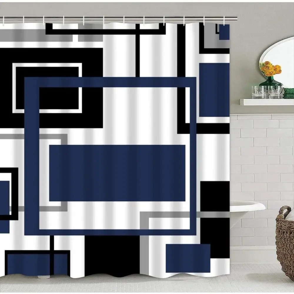 Yddsky 4 Pcs Blue Geometric Shower Curtain Sets Non-Slip Rugs Bath Mat, Toilet